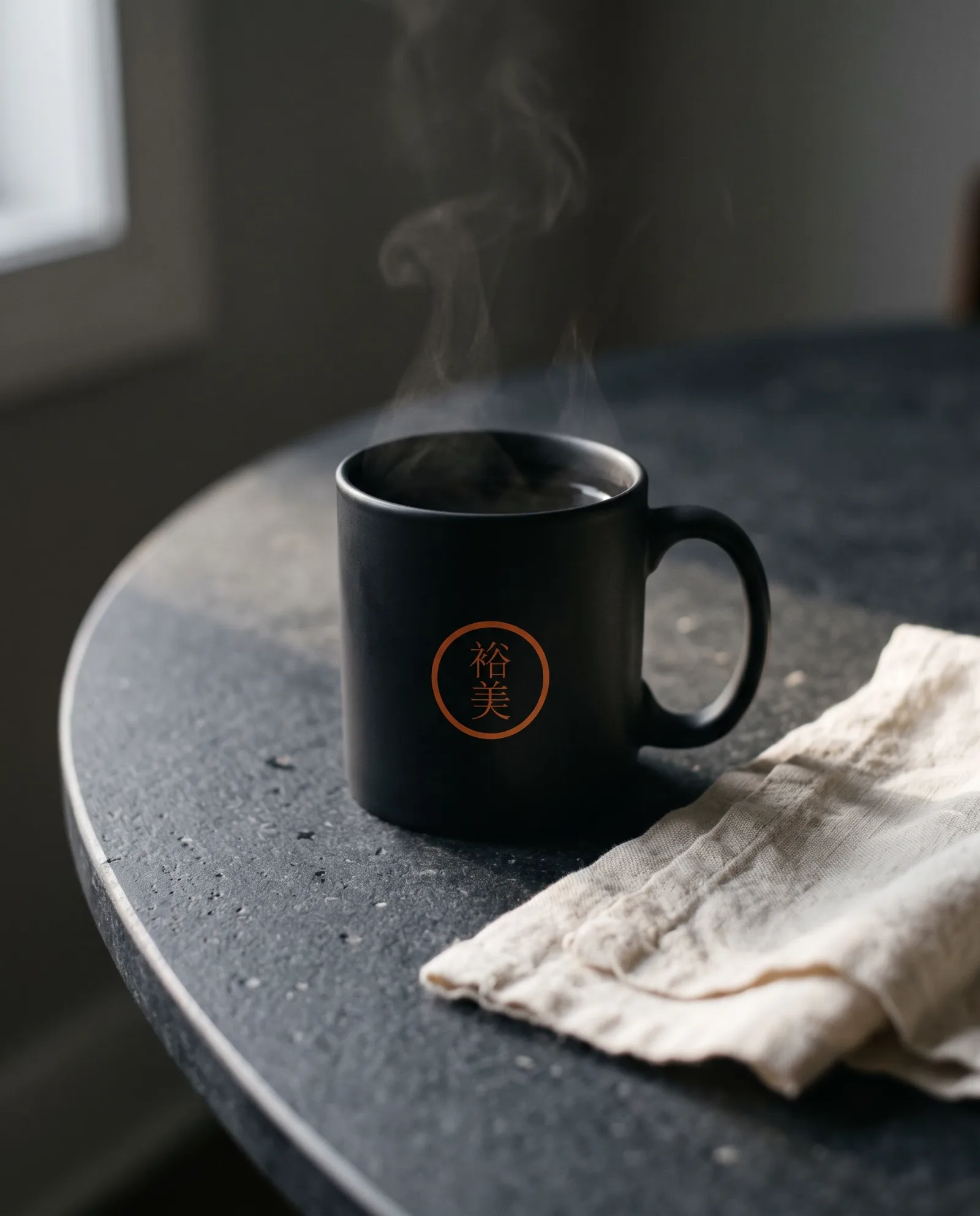 Caneca preta fosca com o selo laranja da Shisa sobre mesa de pedra