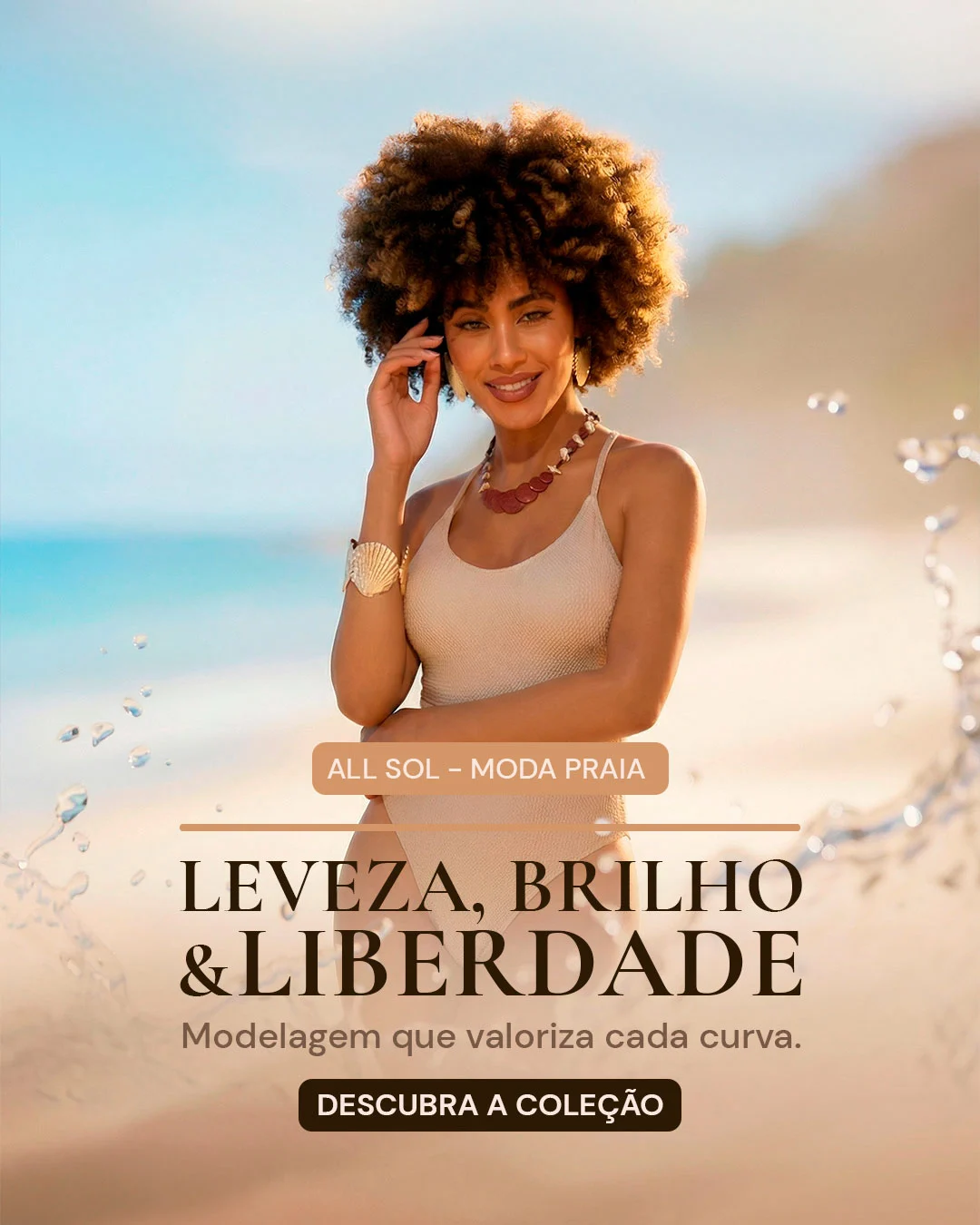 Banner de moda praia All Sol com mensagem de leveza, brilho e liberdade.