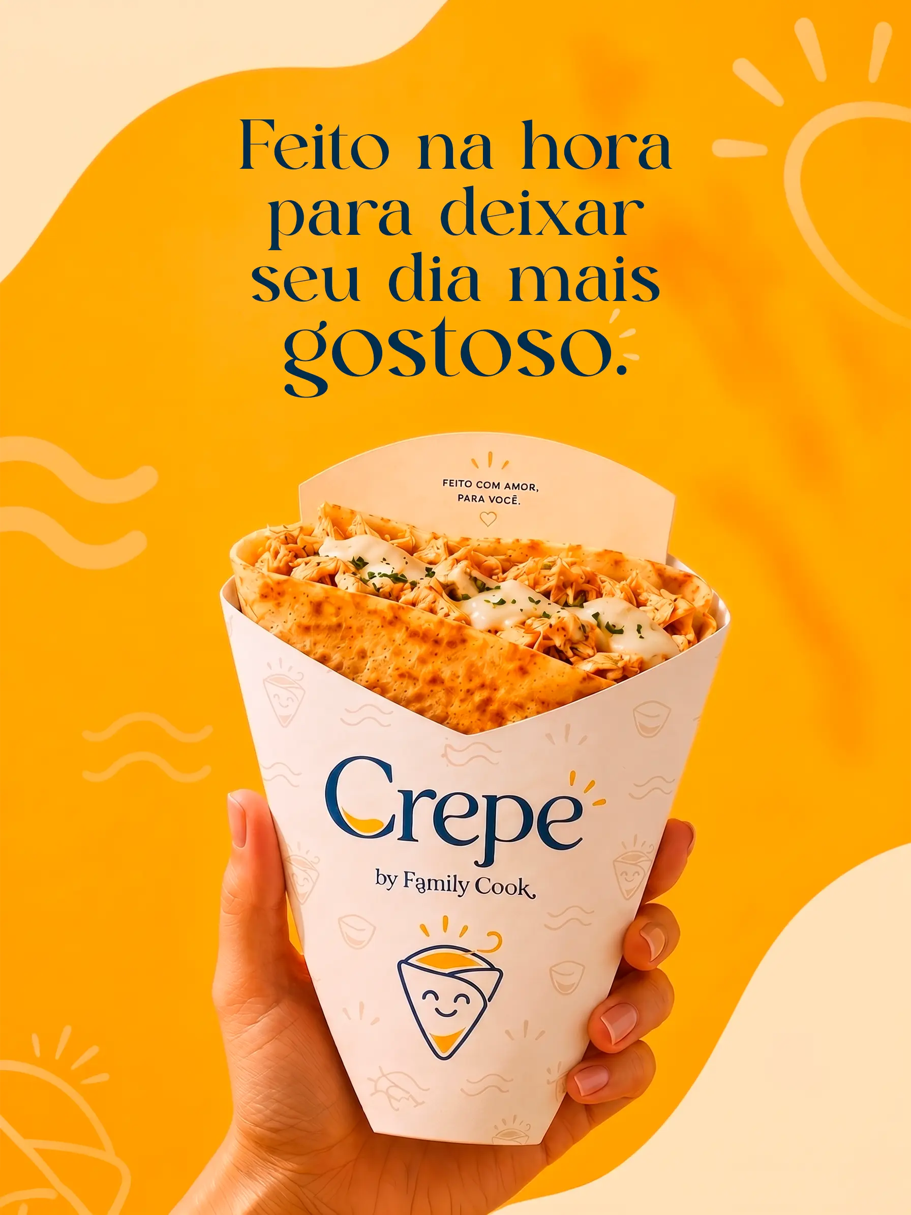 Poster de campanha Crepe by Family Cook com produto salgado.