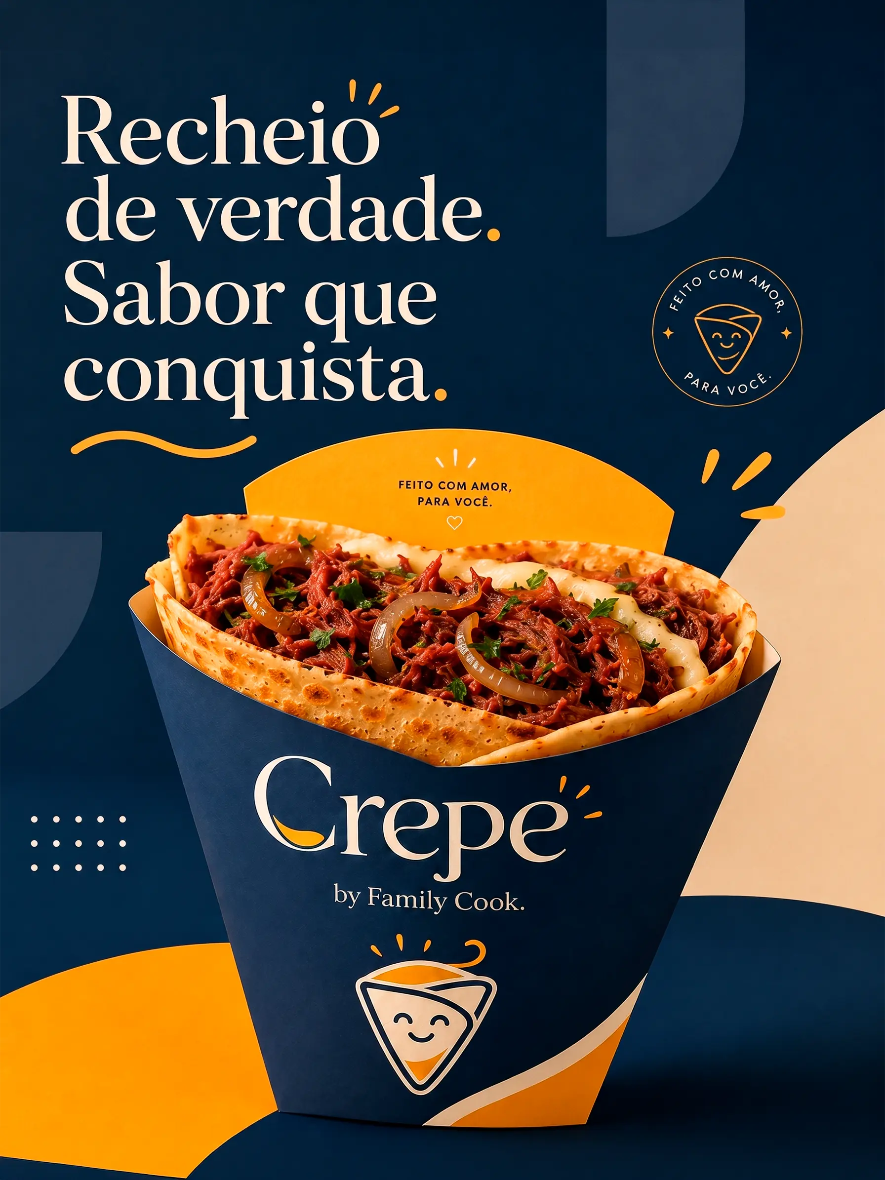 Poster azul Crepe by Family Cook com marca e produto.