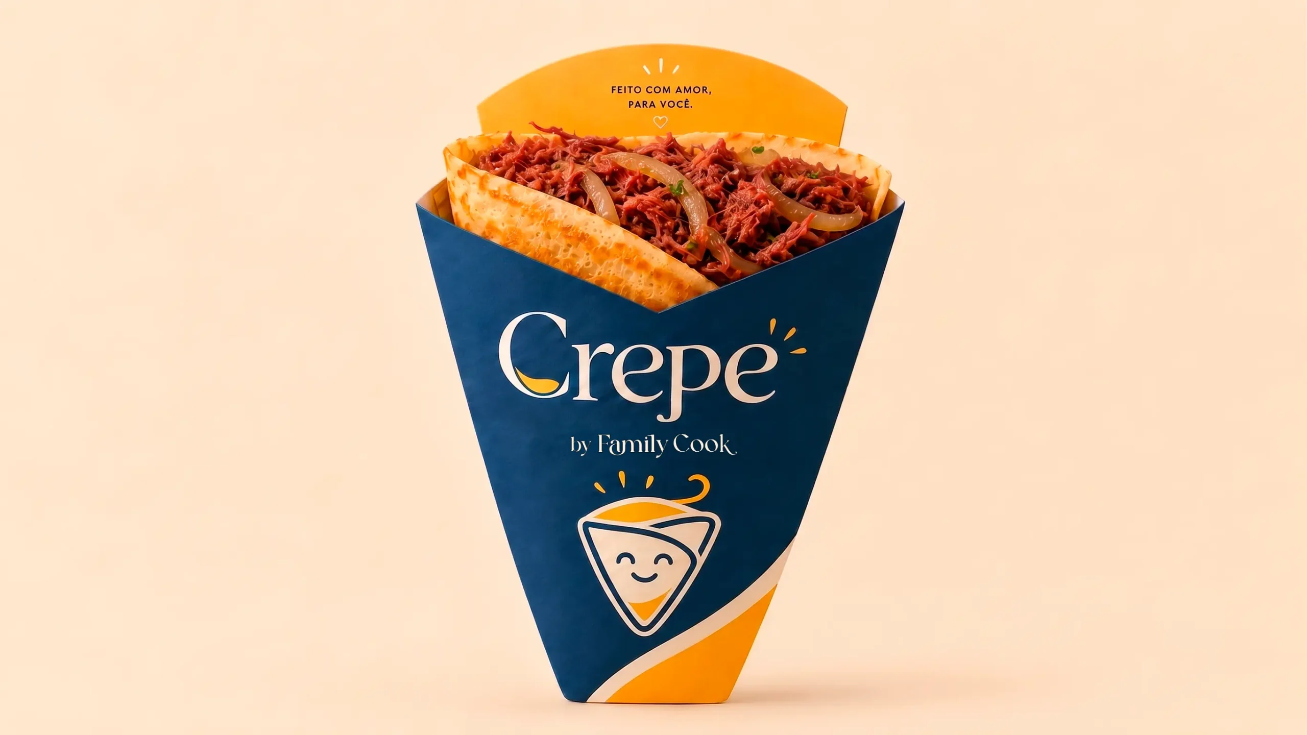 Embalagem azul Crepe by Family Cook com crepe gourmet salgado.