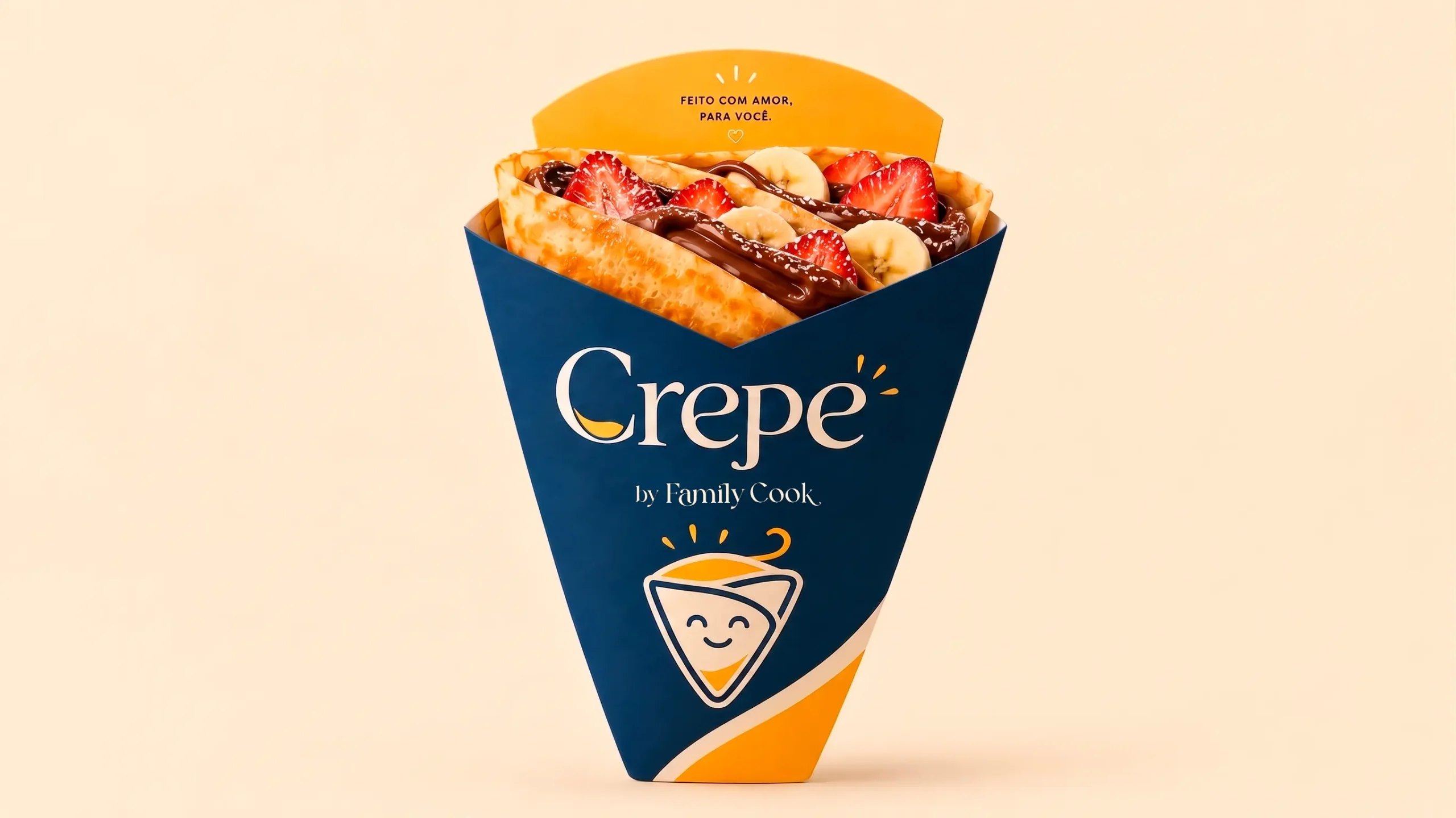 Embalagem azul Crepe by Family Cook com crepe gourmet doce.