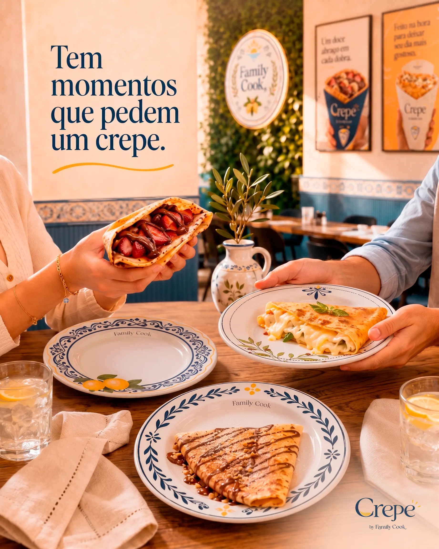 Post digital Crepe by Family Cook com pessoas à mesa.