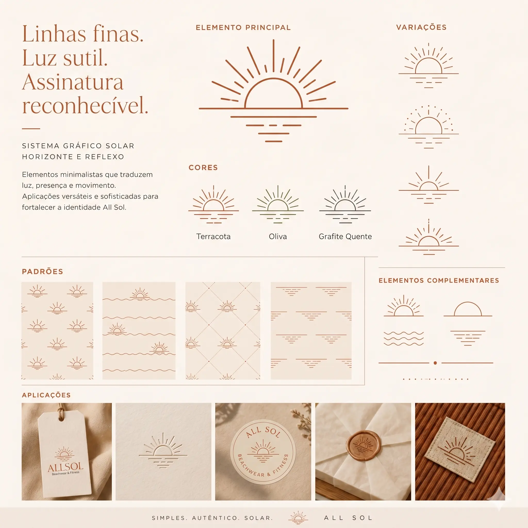 Construção gráfica do símbolo solar da All Sol com linhas finas, horizonte e variações de assinatura visual.