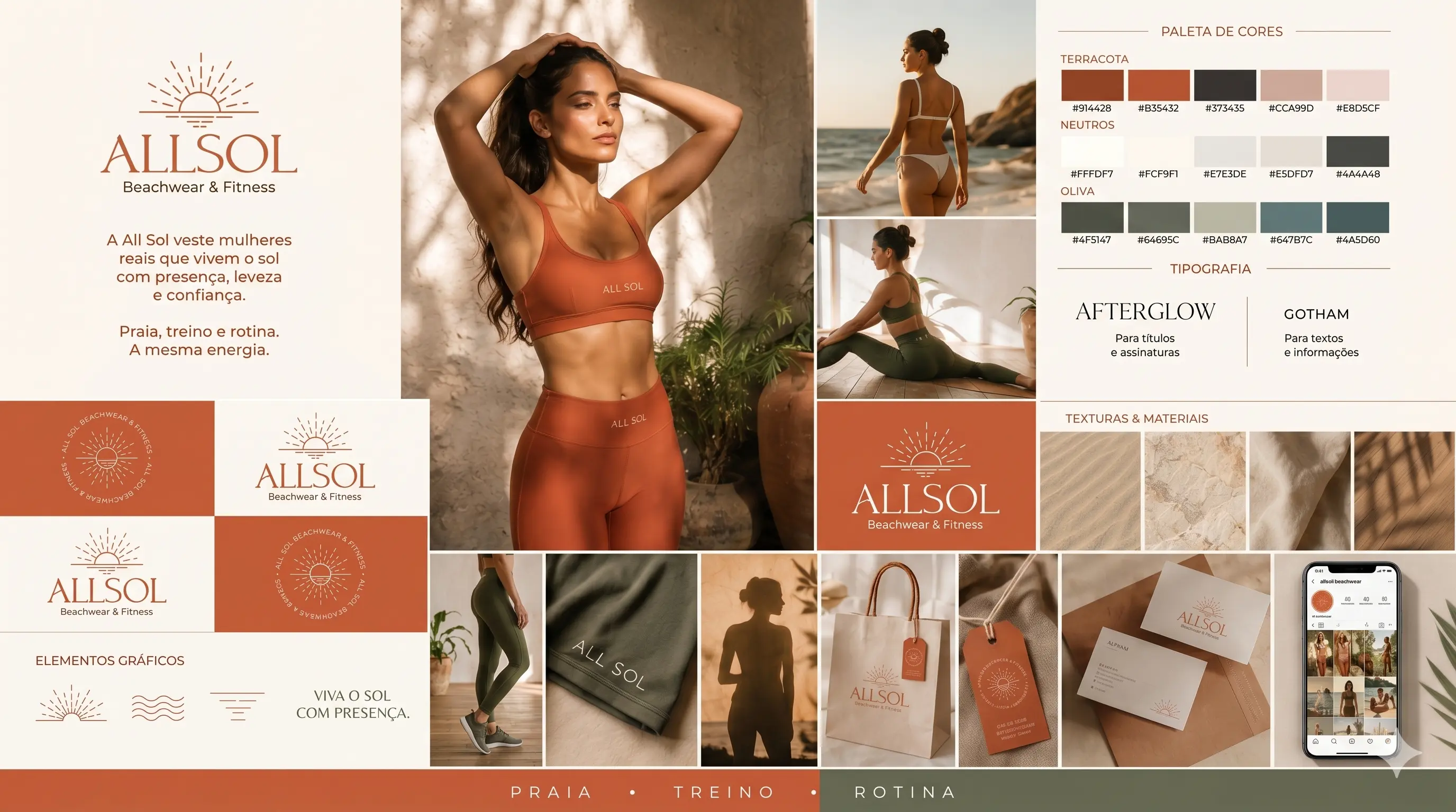 Identidade visual All Sol Oficial em terracota com símbolo solar e assinatura Beachwear & Fitness.