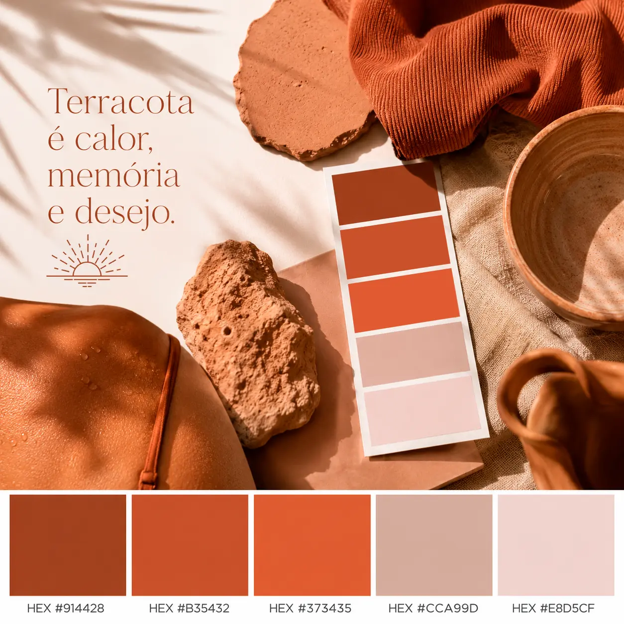 Paleta terracota All Sol com tons 914428, B35432, 373435, CCA99D e E8D5CF.