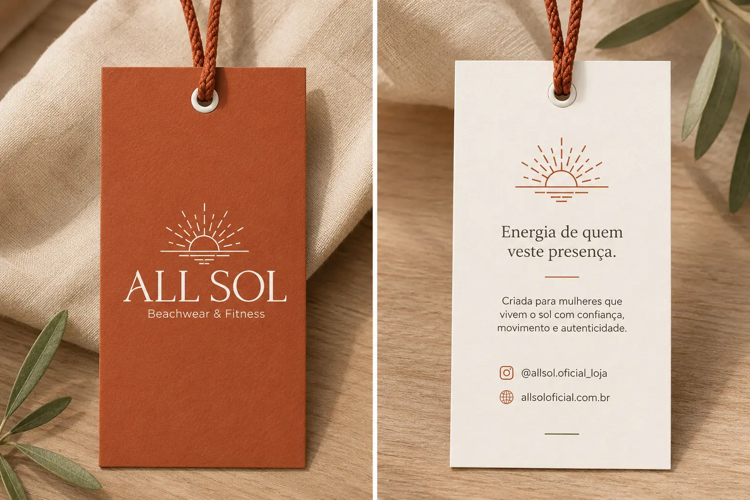 Tags de produto All Sol em terracota e marfim com o símbolo solar e informações da marca.