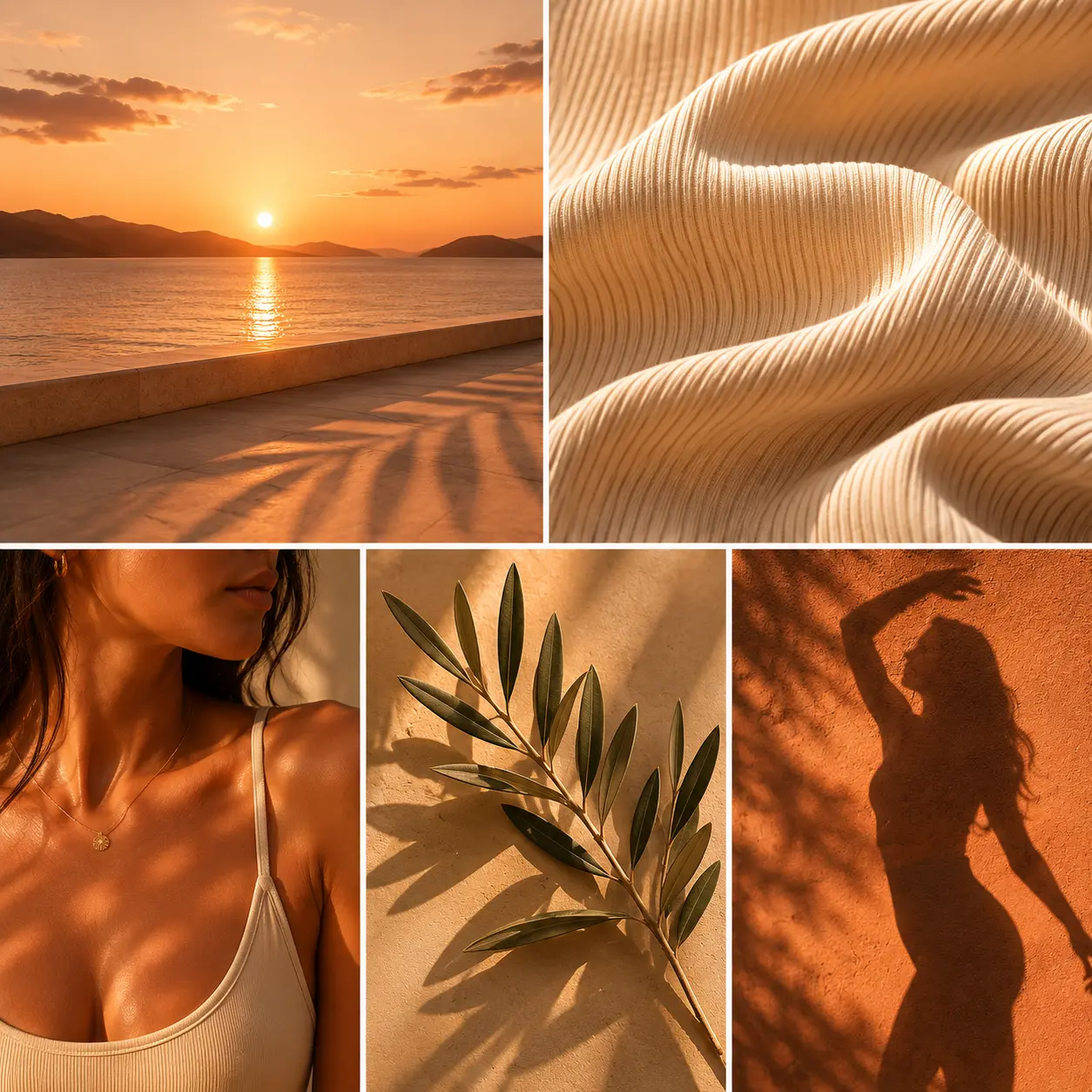 Direção de texturas da All Sol com luz do pôr do sol, tecido, pedra e elementos orgânicos em terracota.