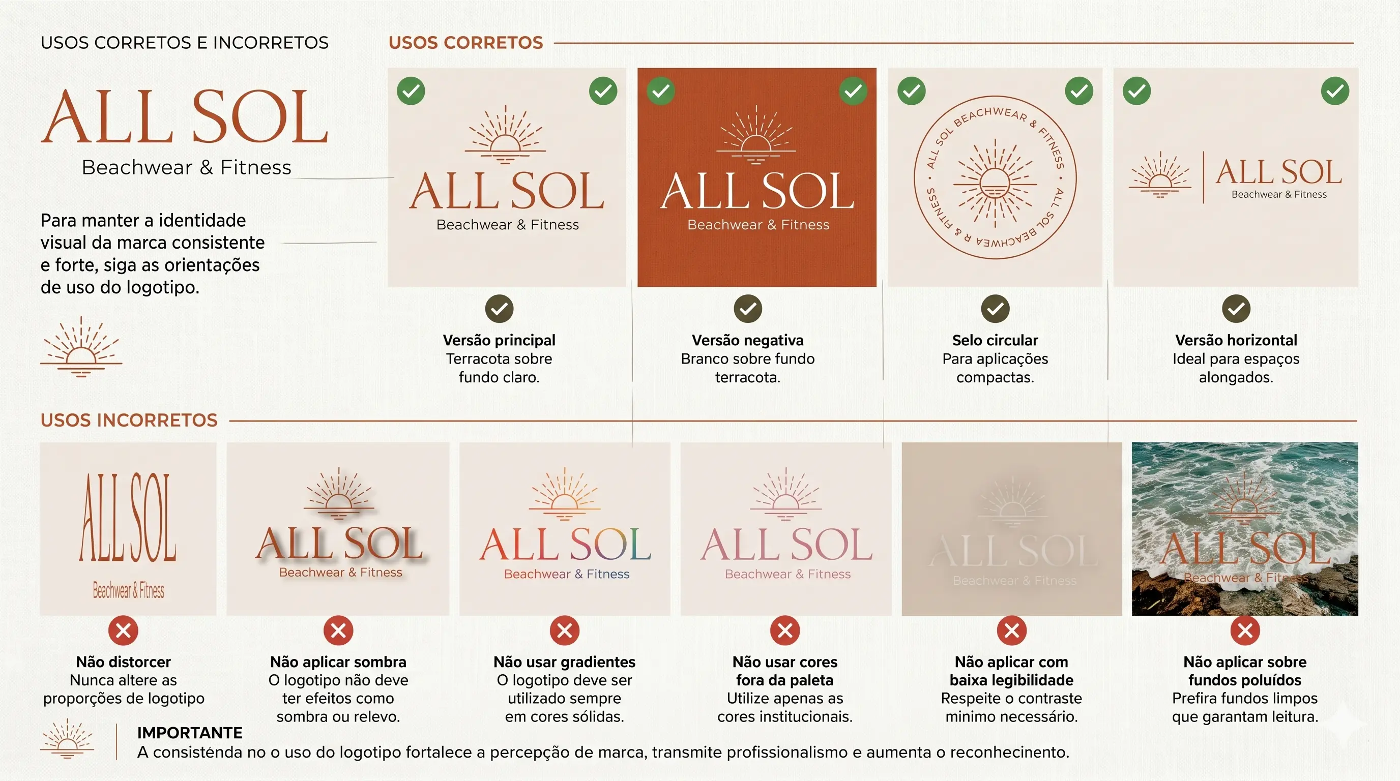 Sistema de usos da marca All Sol com versões do logotipo, símbolo solar e aplicações em diferentes fundos.