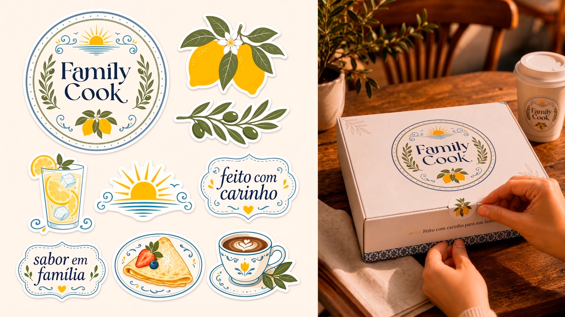 Sistema de adesivos e elementos gráficos Family Cook aplicado à embalagem.