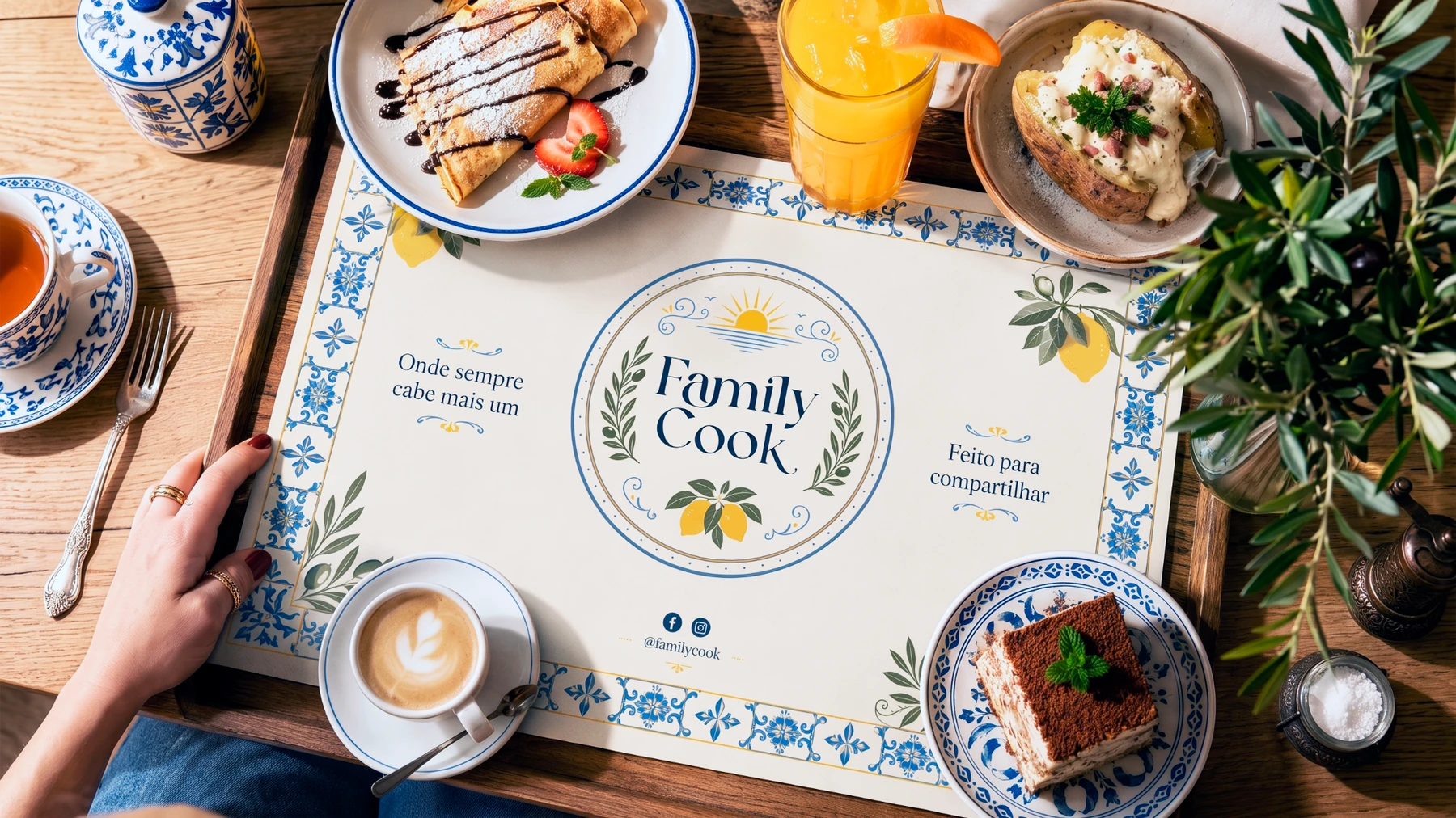 Papel de bandeja Family Cook aplicado à mesa com ilustrações, cerâmicas e gastronomia.