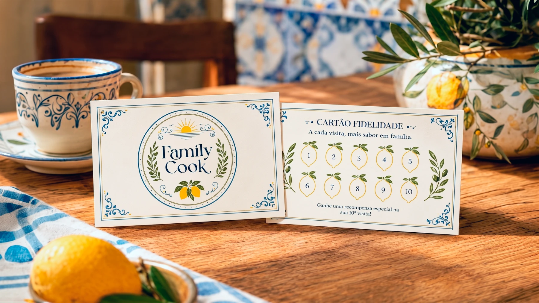 Cartão de fidelidade Family Cook aplicado em cenário de cafeteria mediterrânea.