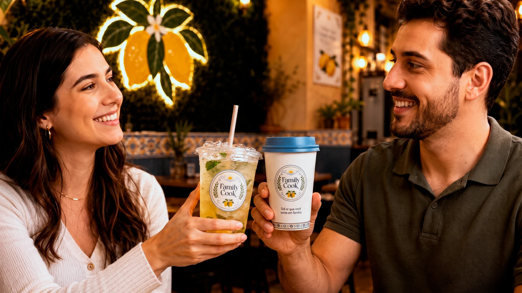 Pessoas compartilhando bebidas Family Cook em ambiente acolhedor de inspiração mediterrânea.