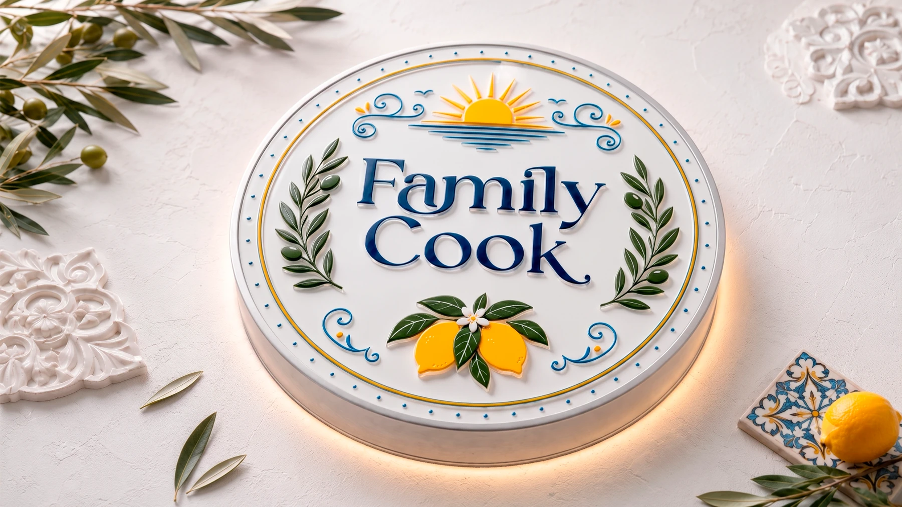 Aplicação da identidade Family Cook em ambiente de inspiração mediterrânea.