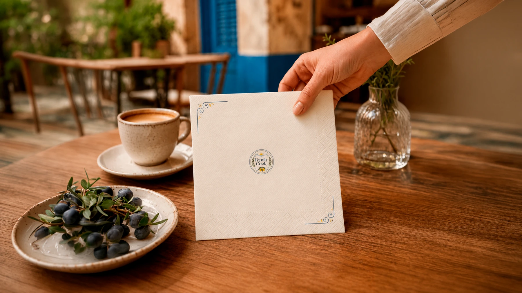 Guardanapo personalizado da Family Cook em mesa com café e oliveiras.
