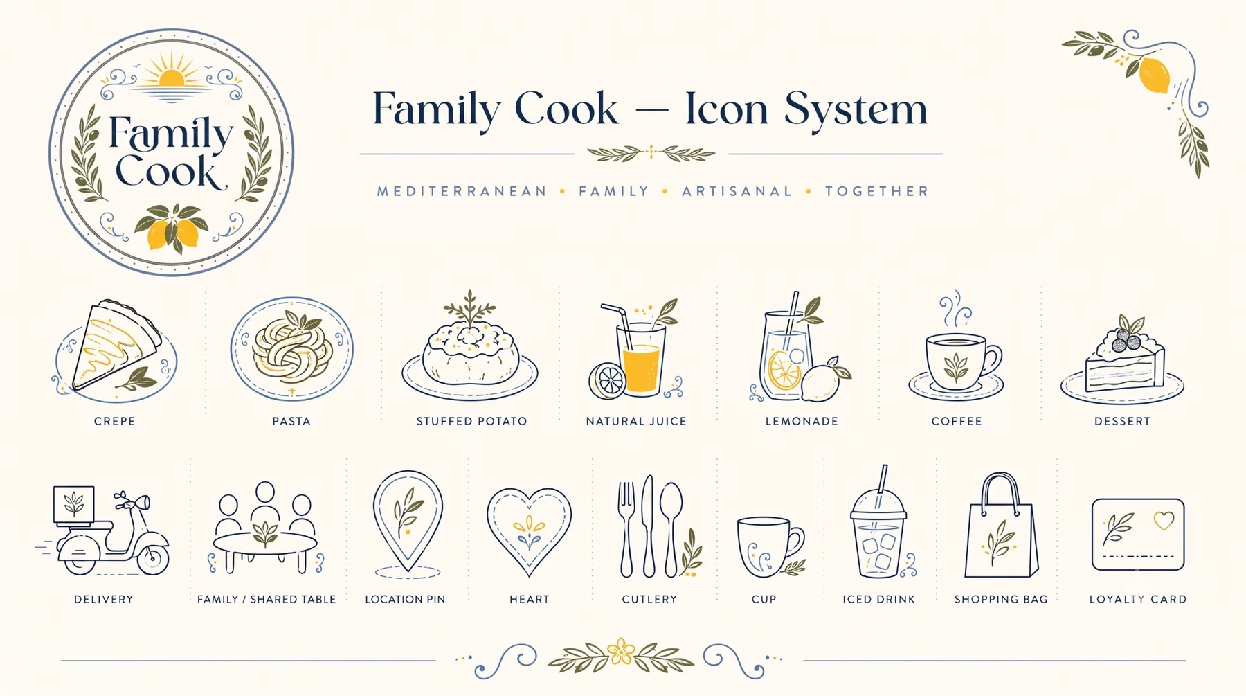 Sistema de ícones da Family Cook para alimentos, bebidas, delivery, mesa compartilhada e fidelidade.