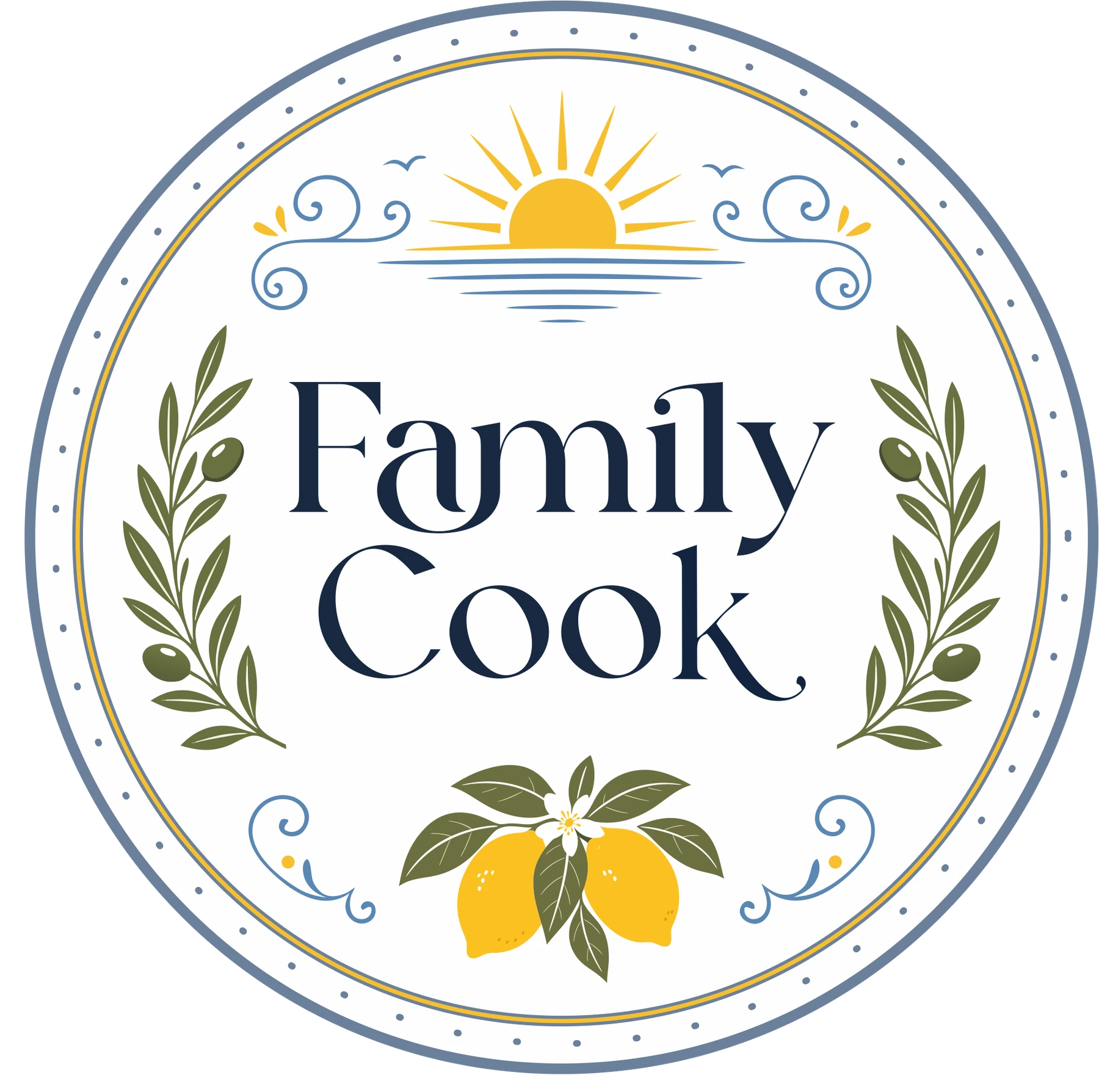 Logotipo circular da Family Cook com sol mediterrâneo, oliveiras e limões sicilianos.