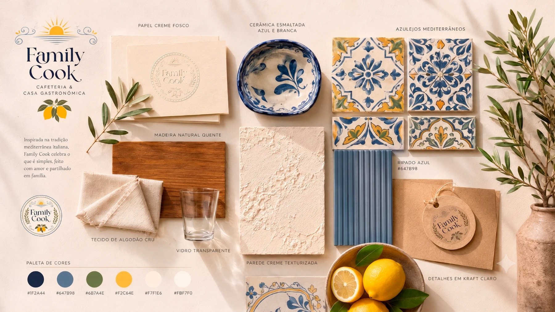 Direção de materiais e texturas da Family Cook com papel creme, madeira, cerâmica, azulejos, tecido, vidro e limões.