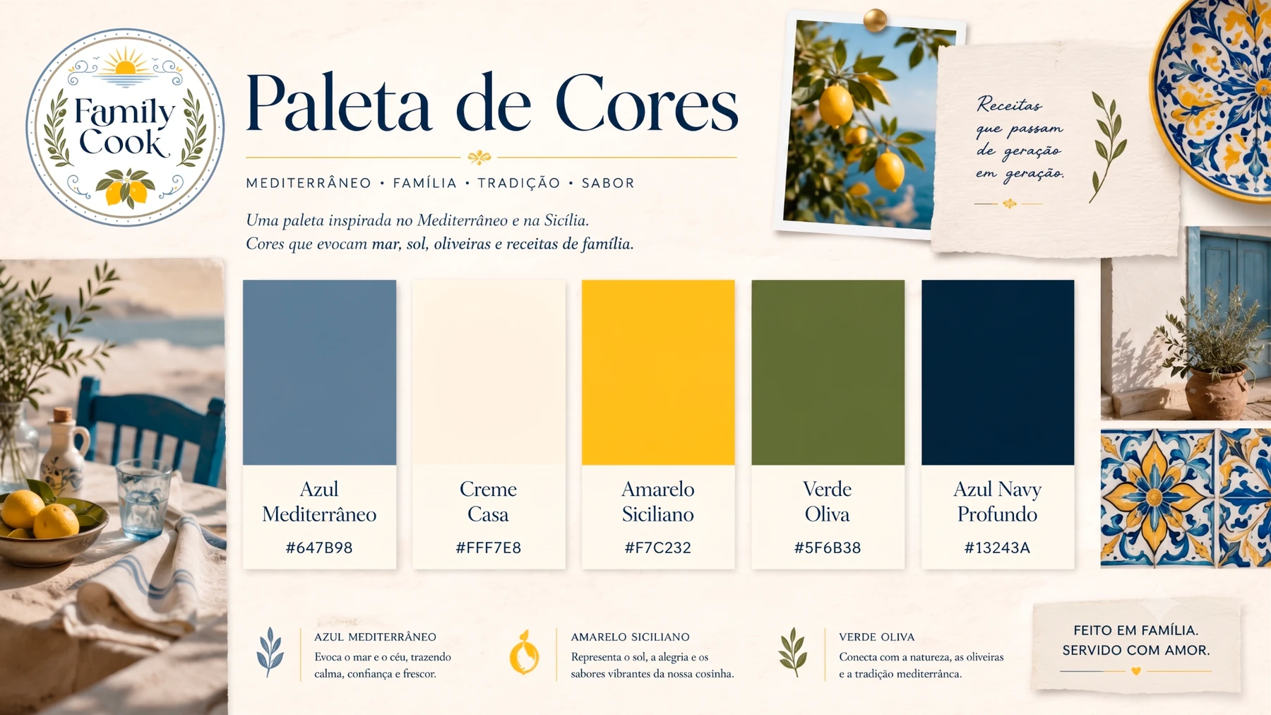 Paleta de cores da identidade visual Family Cook inspirada em mar, sol, oliveiras e tons creme.