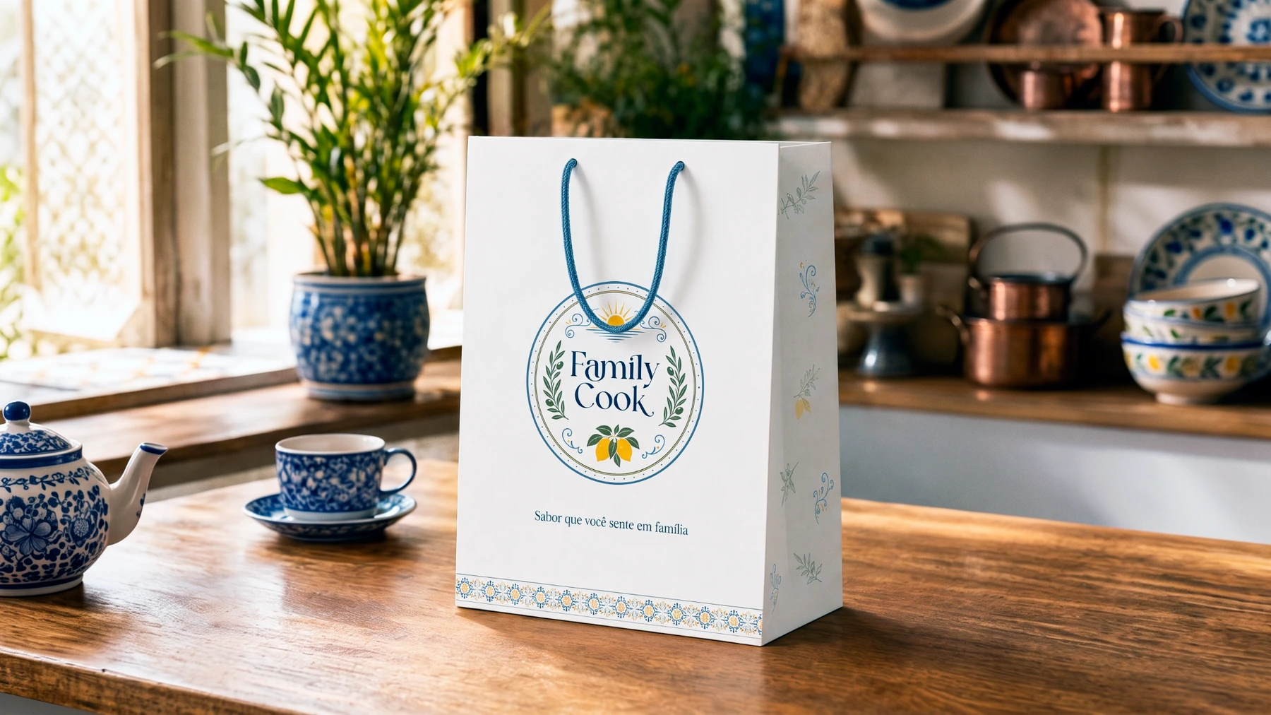 Sacola Family Cook com logotipo e padrões mediterrâneos em ambiente gastronômico.