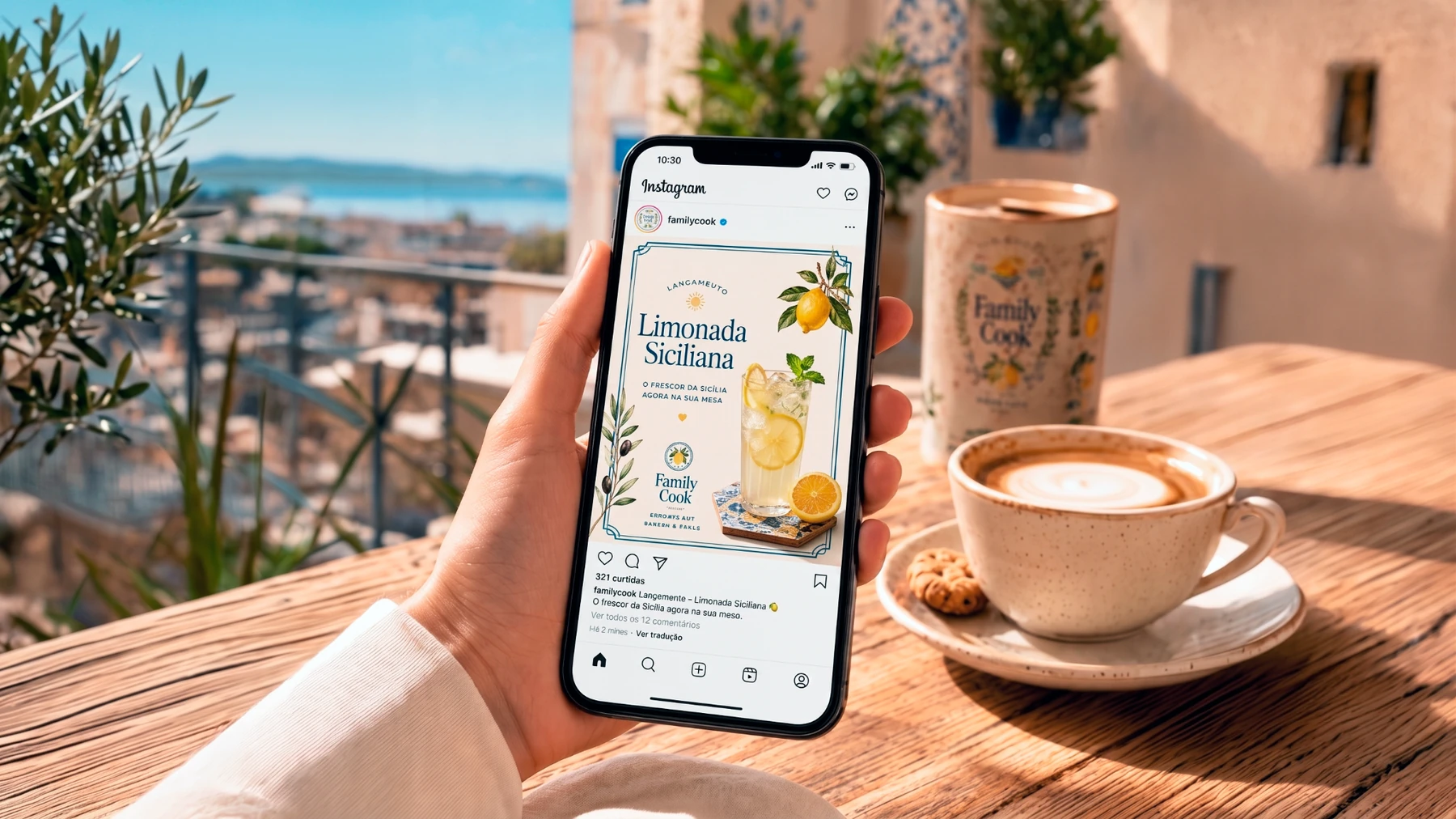 Aplicação digital da Family Cook em publicação de limonada siciliana no Instagram.