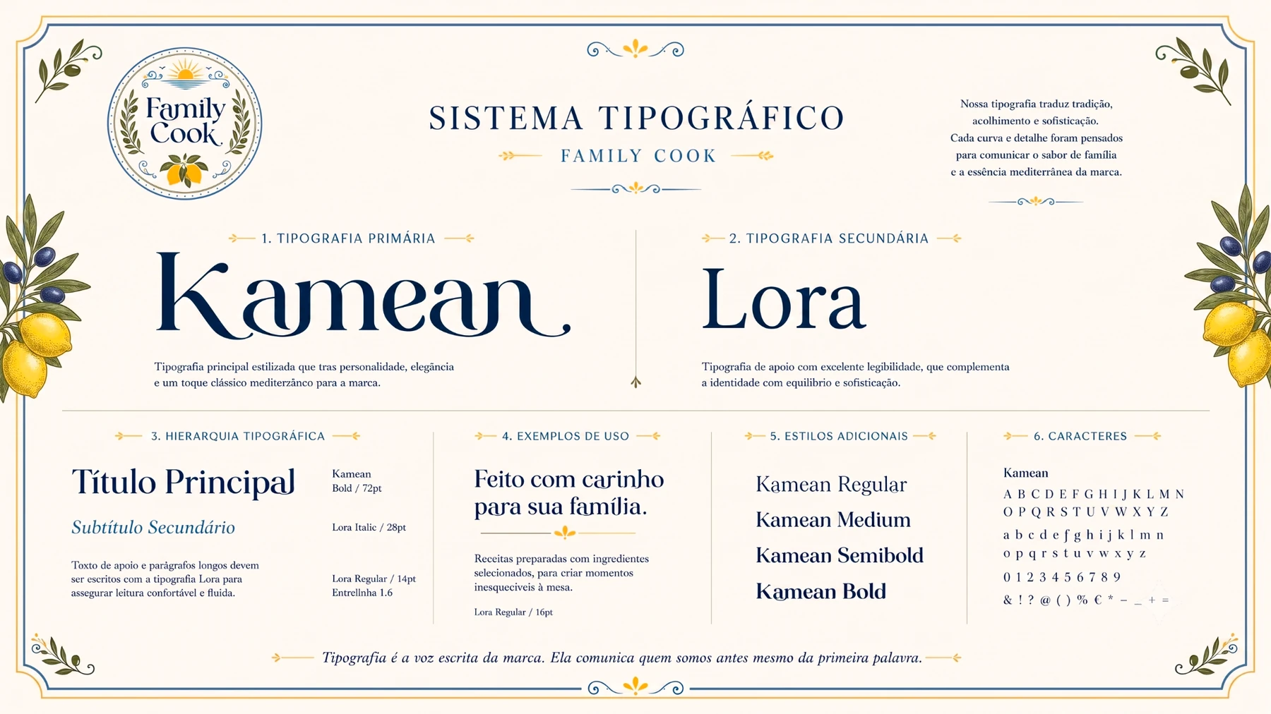 Sistema tipográfico da Family Cook com Kamean como tipografia principal e Lora como tipografia secundária.