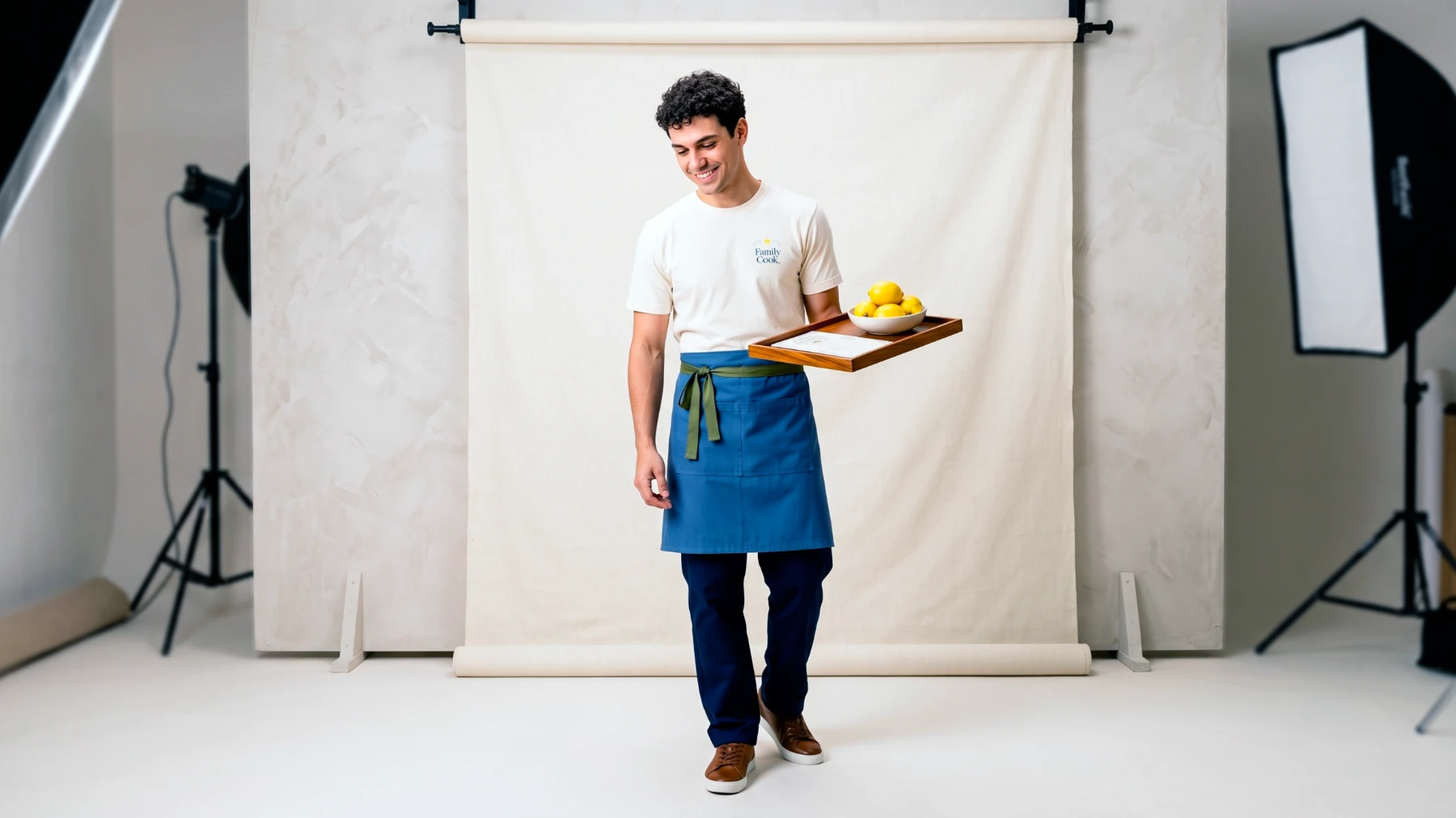 Uniforme Family Cook com camiseta clara, avental azul e detalhe verde oliva.