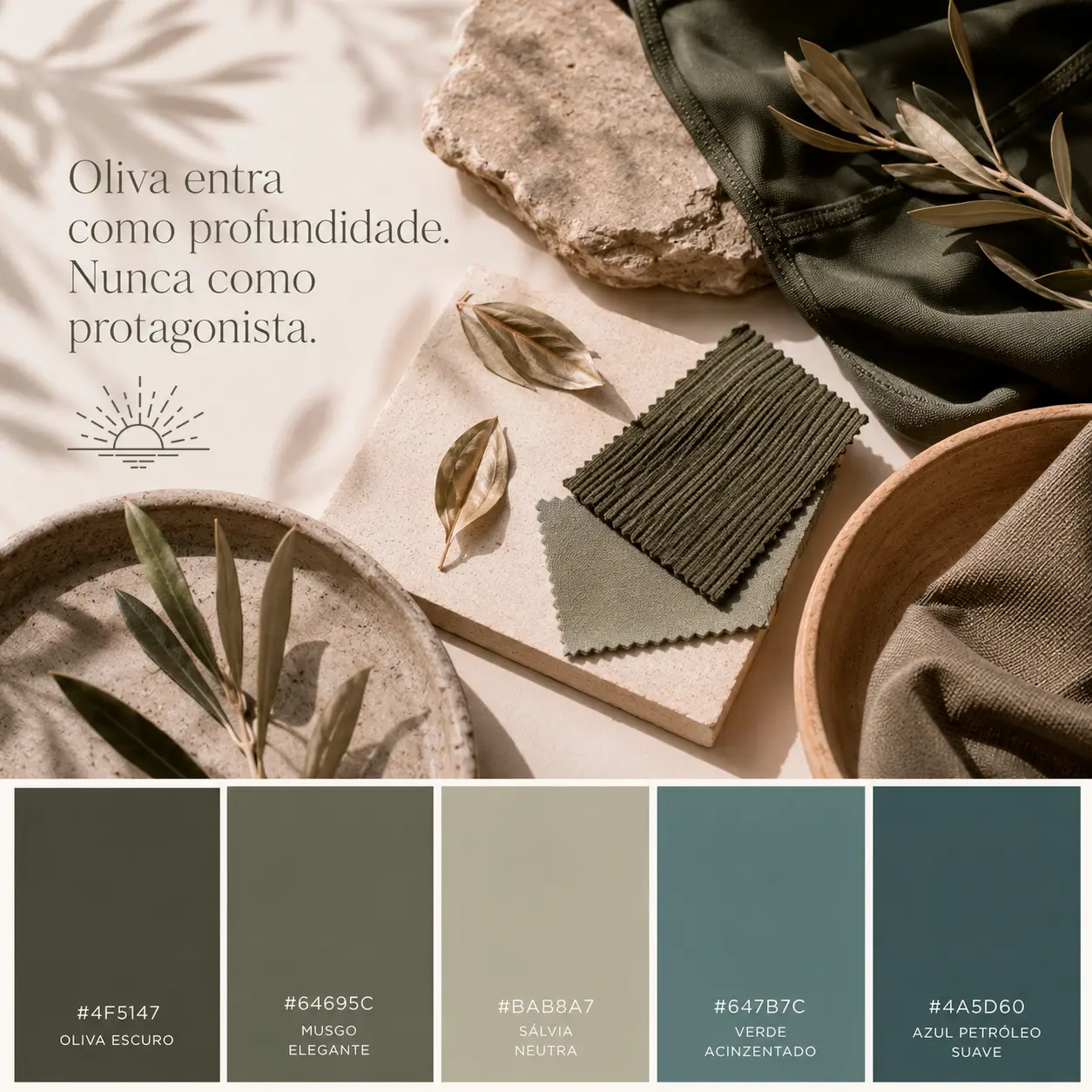 Paleta complementar All Sol com oliva, musgo, sálvia e verdes acinzentados.