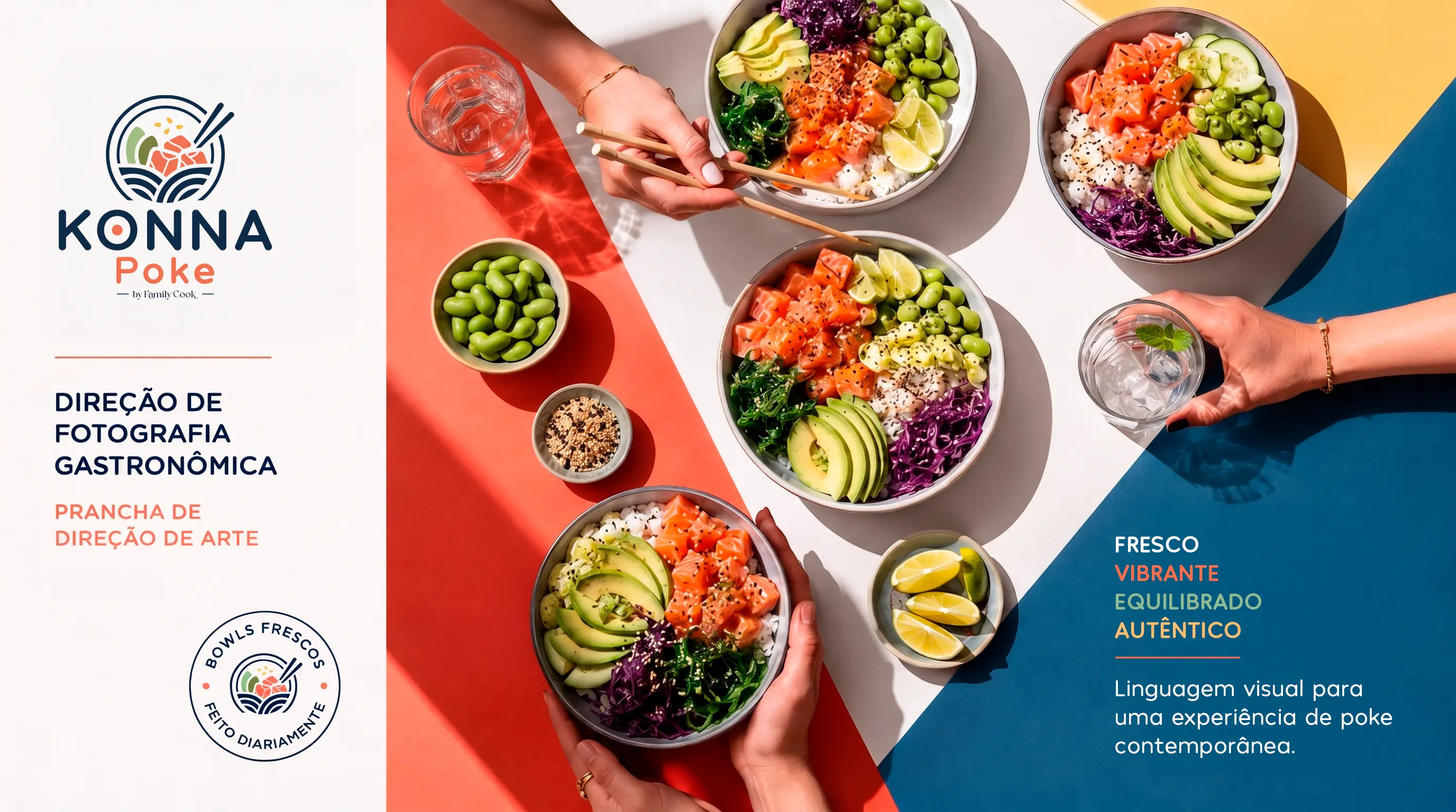 Direção fotográfica da Konna Poke com composição de bowls e ingredientes.