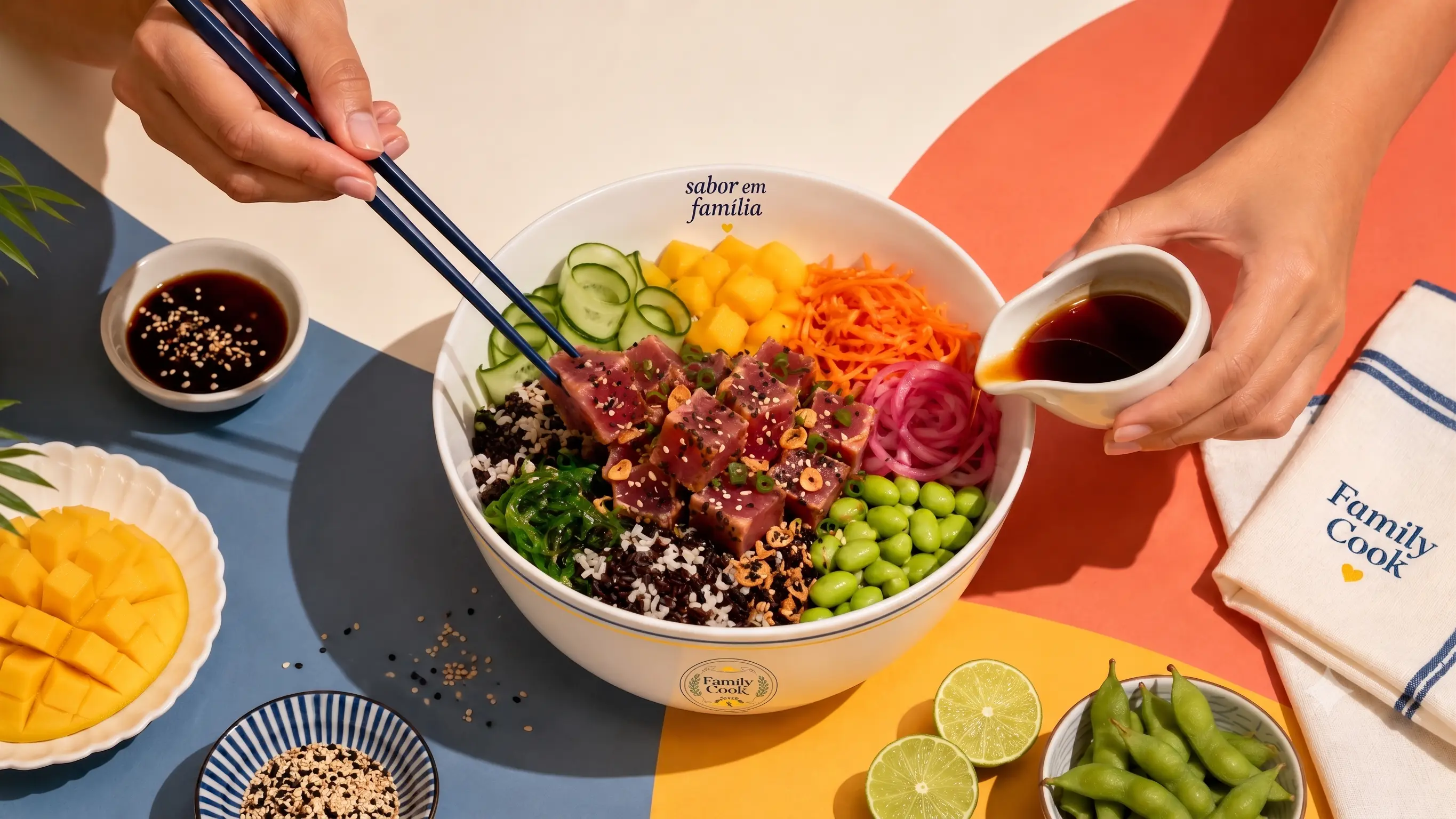 Fotografia de poke da Konna Poke com ingredientes frescos e mãos em cena.