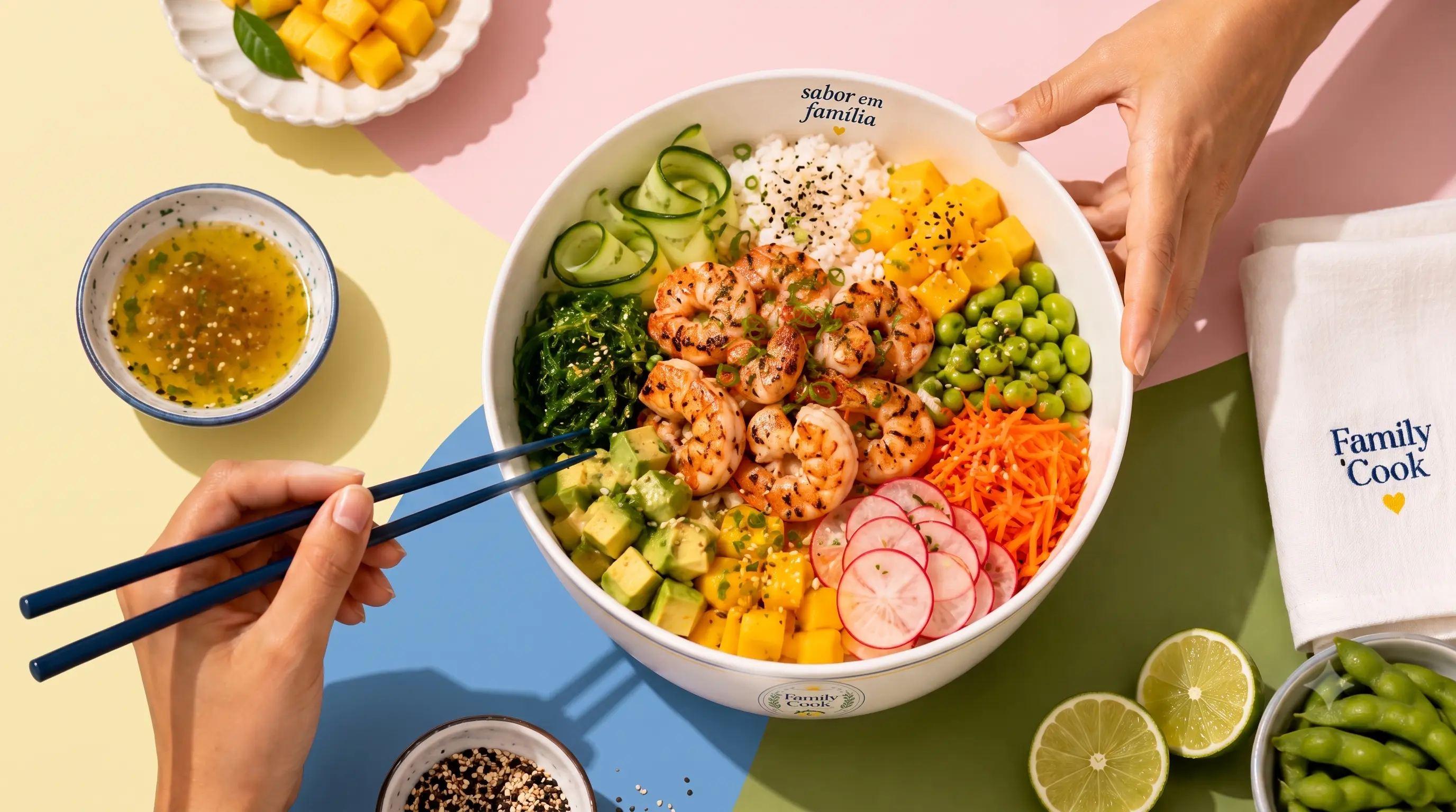 Poke bowl da Konna Poke fotografado em composição colorida.