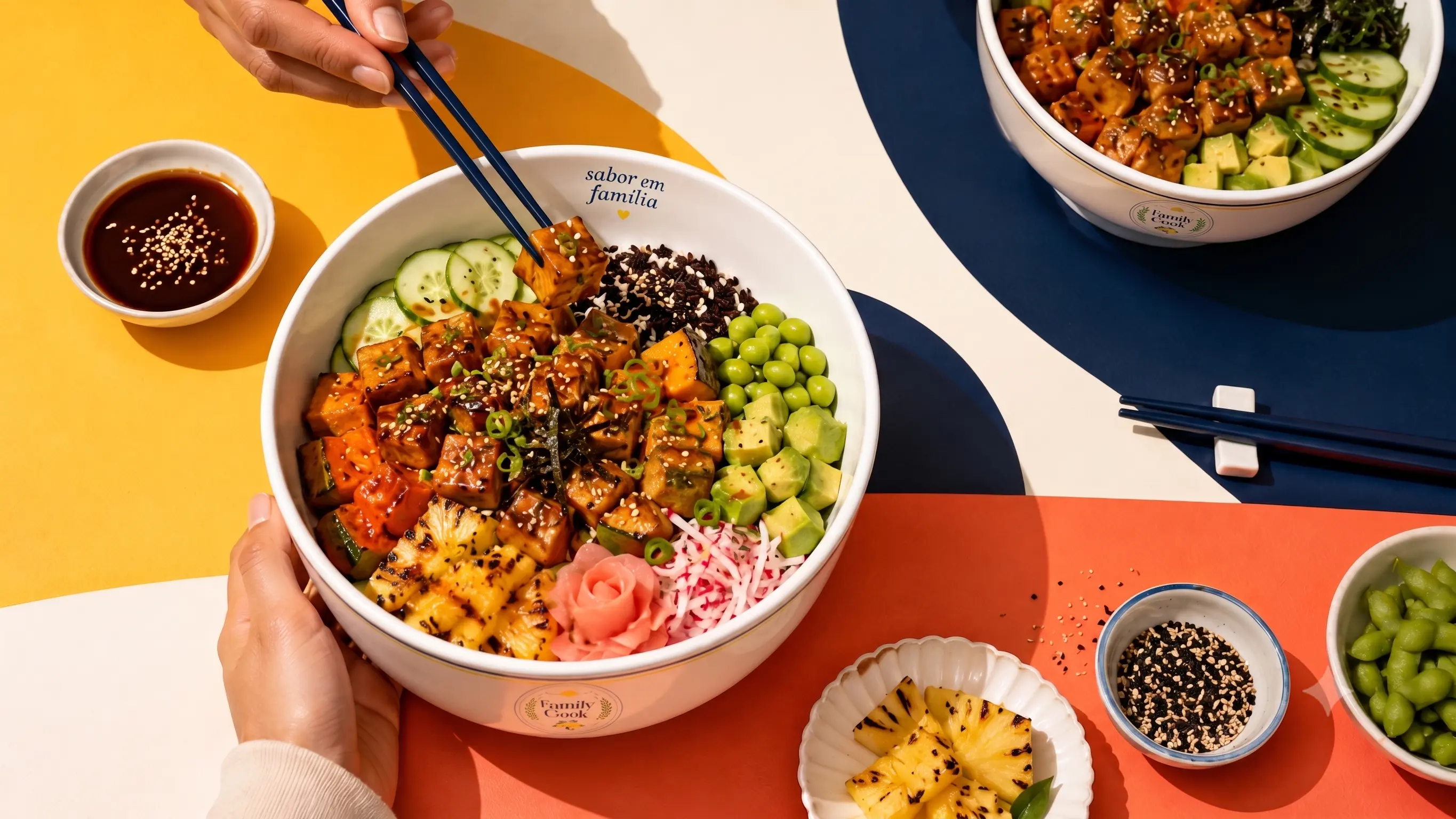 Fotografia gastronômica da Konna Poke com bowl, hashis e ingredientes.