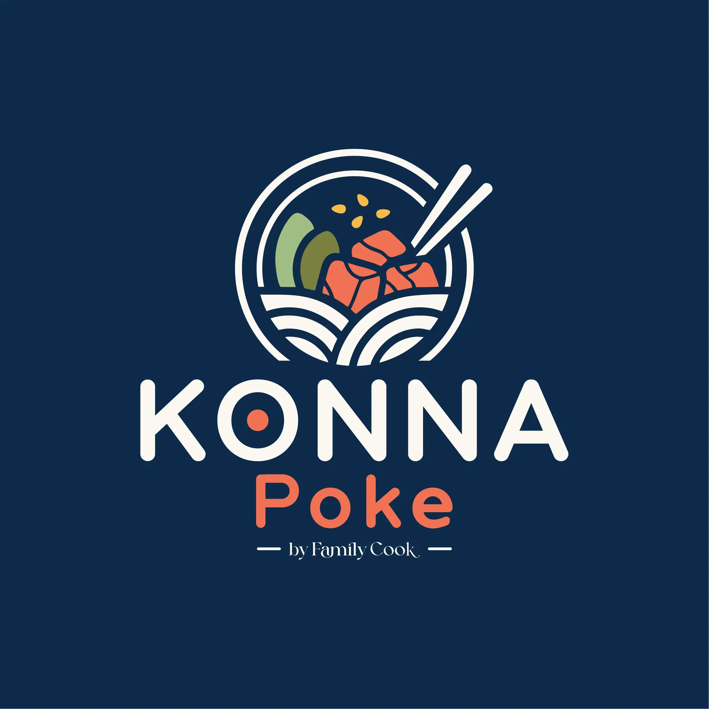 Logotipo Konna Poke aplicado sobre fundo azul navy.