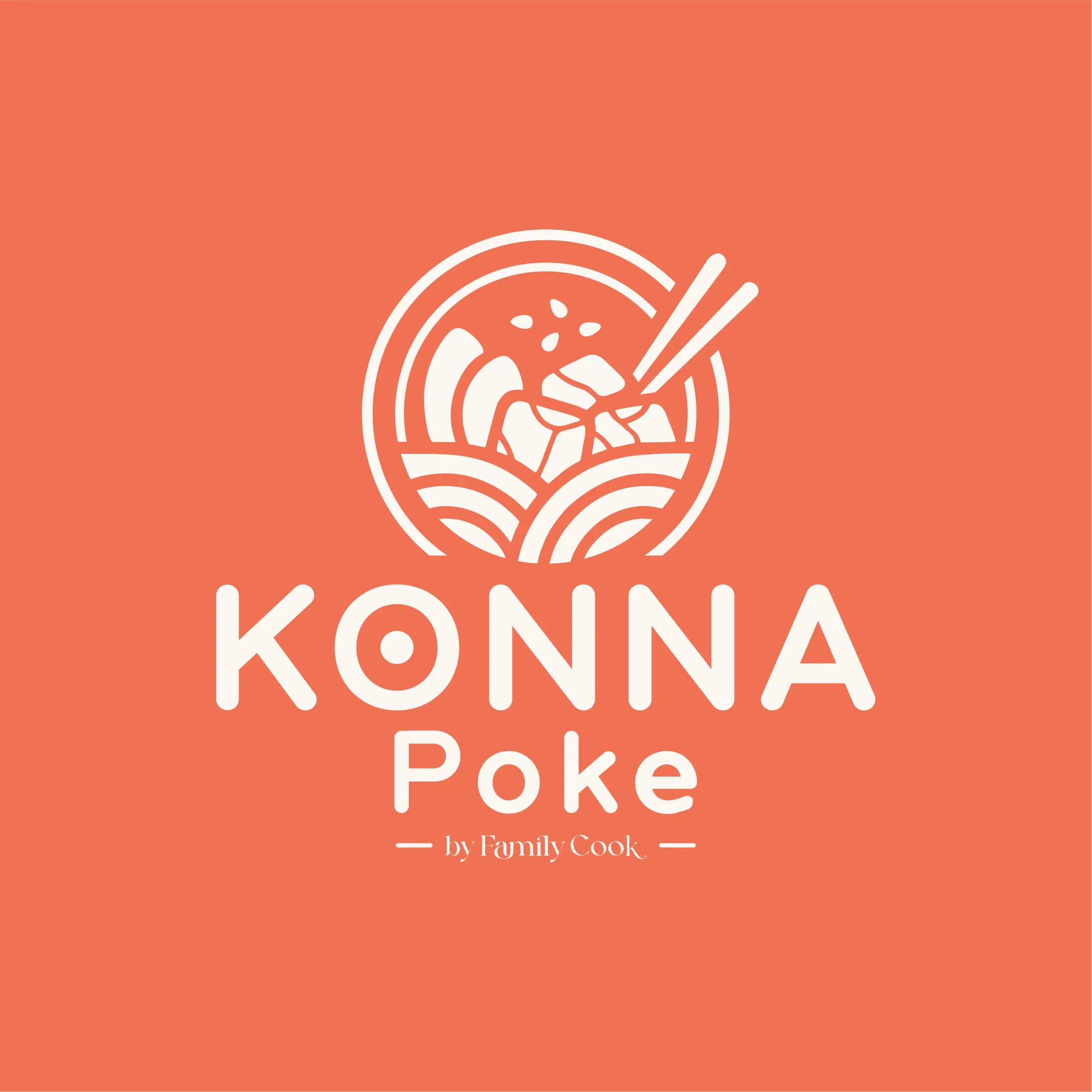 Logotipo Konna Poke aplicado sobre fundo salmão.