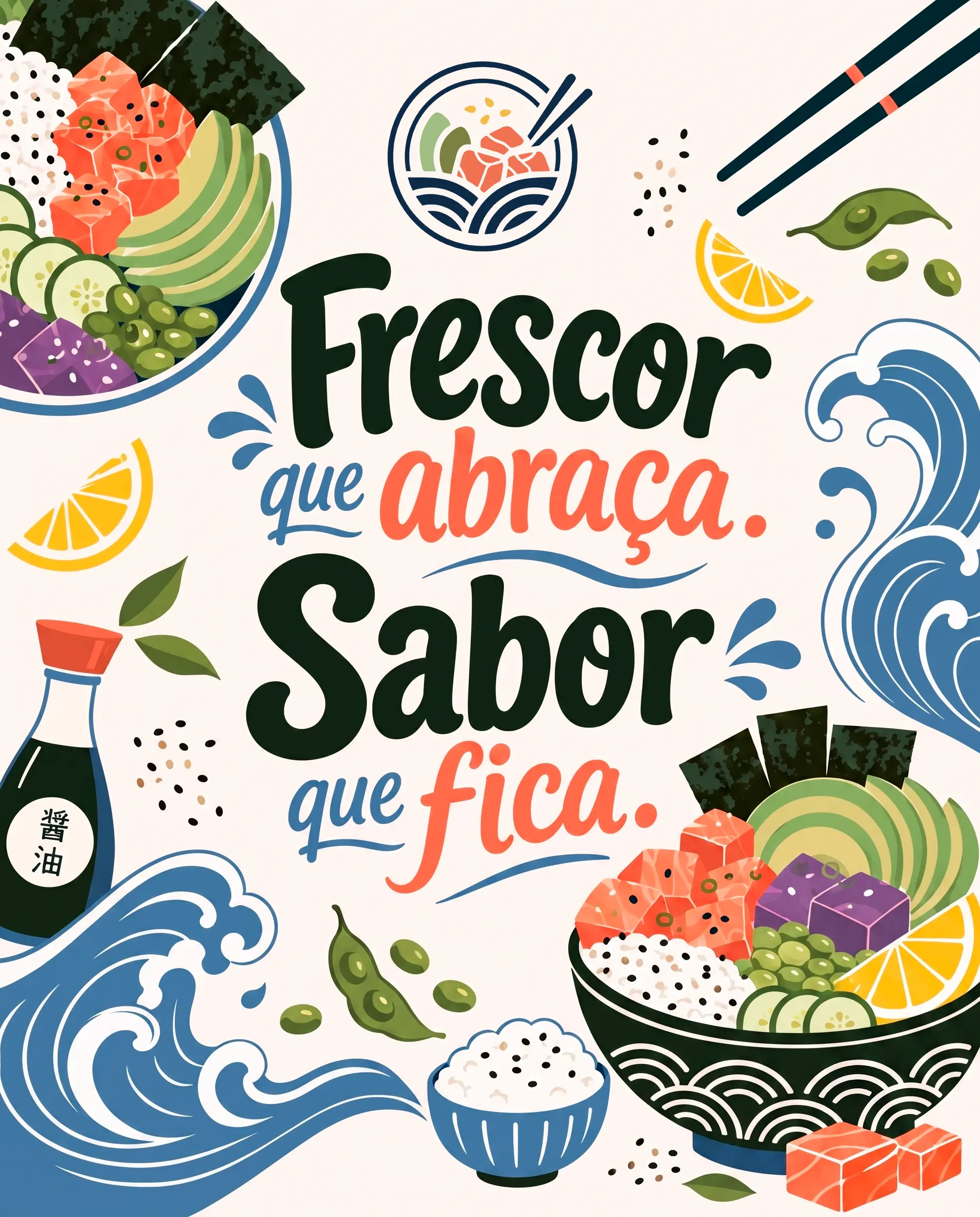 Quadro da Konna Poke com a mensagem Frescor que abraça. Sabor que fica.